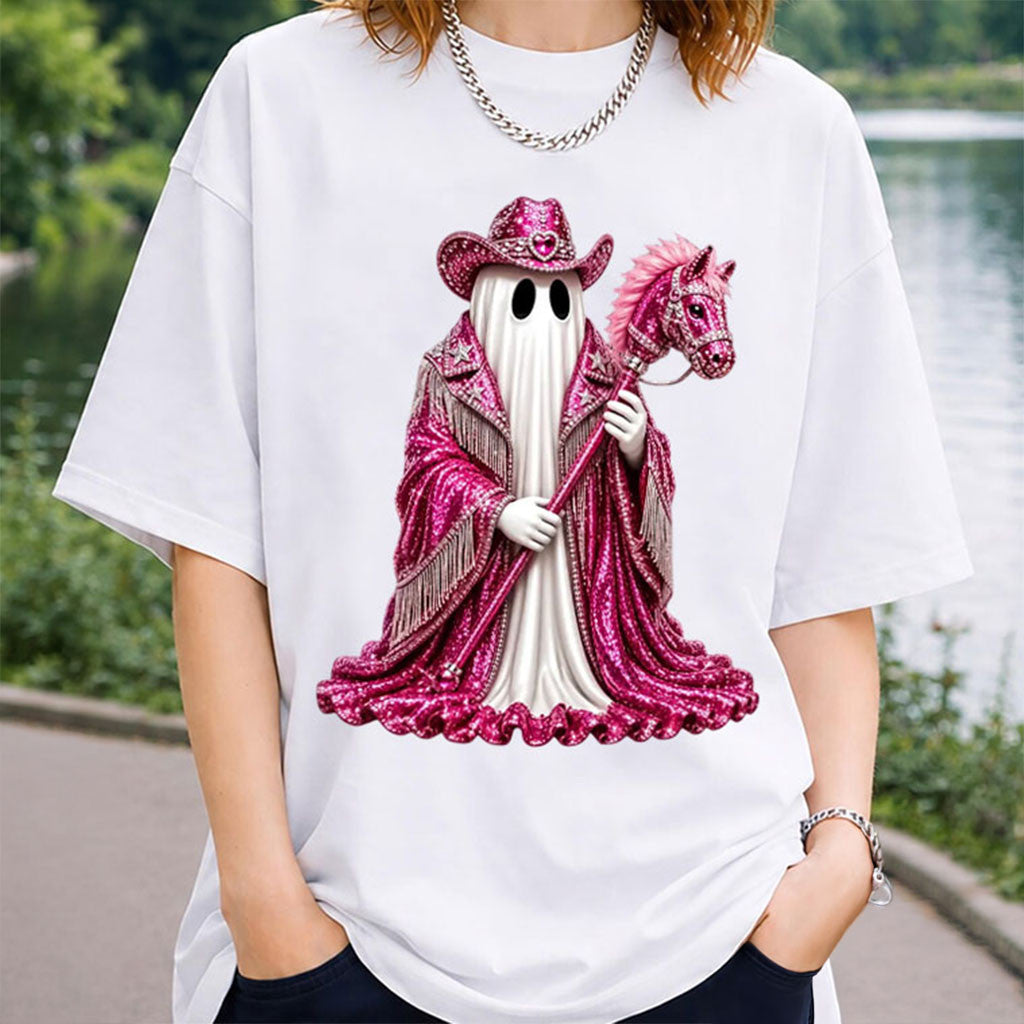 Halloween Pink Glitter Cowgirl Ghost Pink Western T-Shirt Cute Halloween Shirt Daughter Gifts - Merchluma