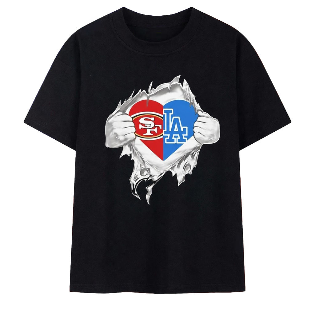 San Francisco 49Ers And Los Angeles Dodgers Merch Mashup Heart With Superman Chest Rip T-Shirt - Merchluma