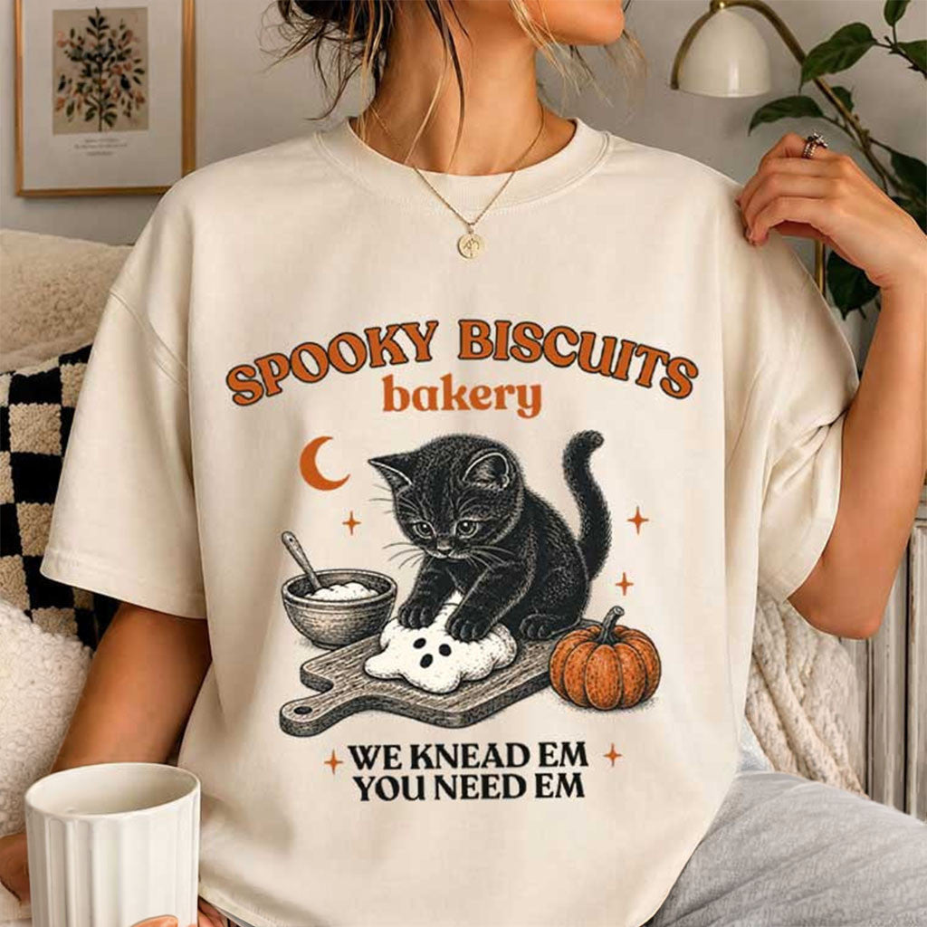 Cute Cat Spooky Biscuits Bakery We Knead Em Shirt Halloween T-Shirt Cat Lovers Gifts - Merchluma