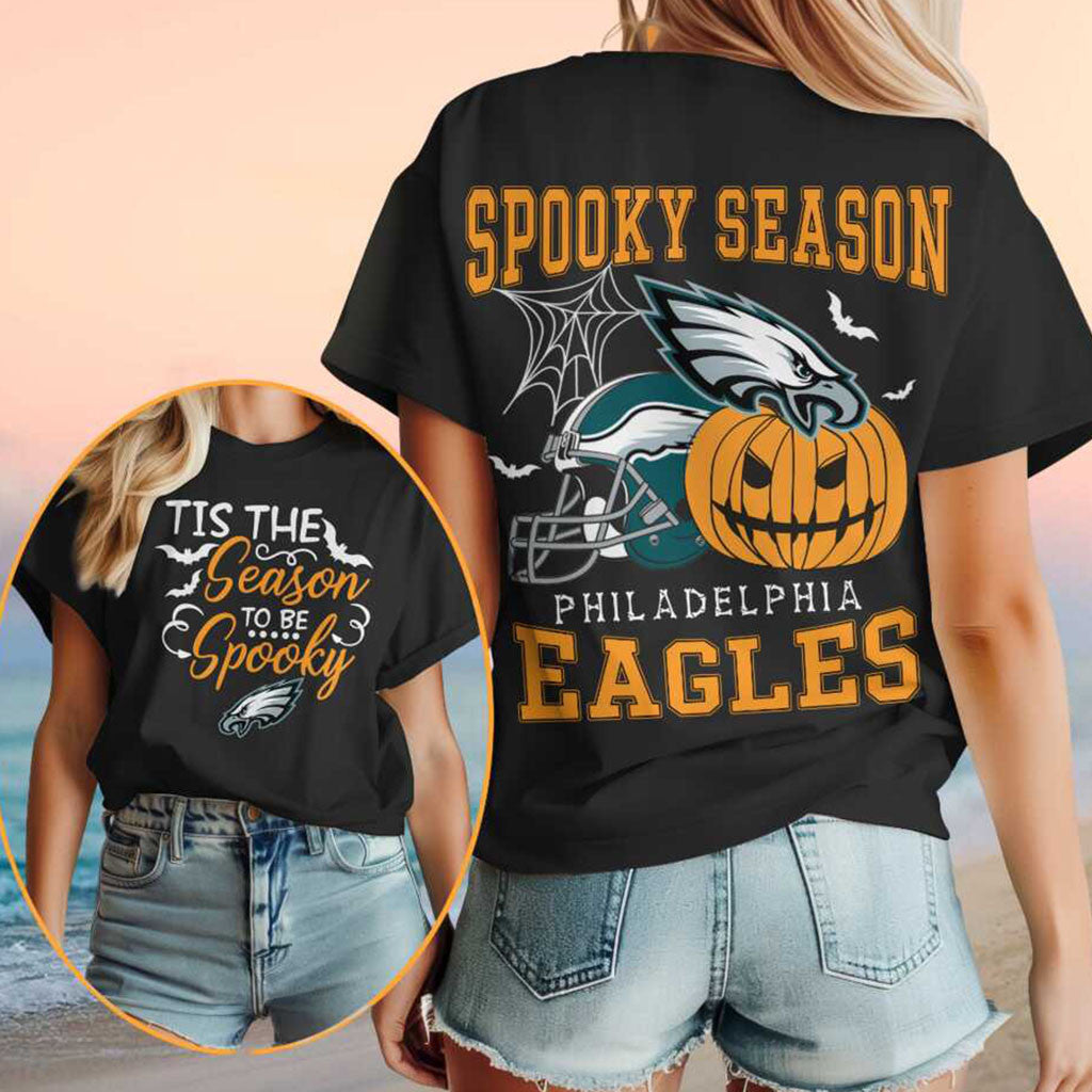 Philadelphia Eagles Halloween Spooky Season Pumpkin Football Shirt Eagles Merch Gift For Friends - Merchluma
