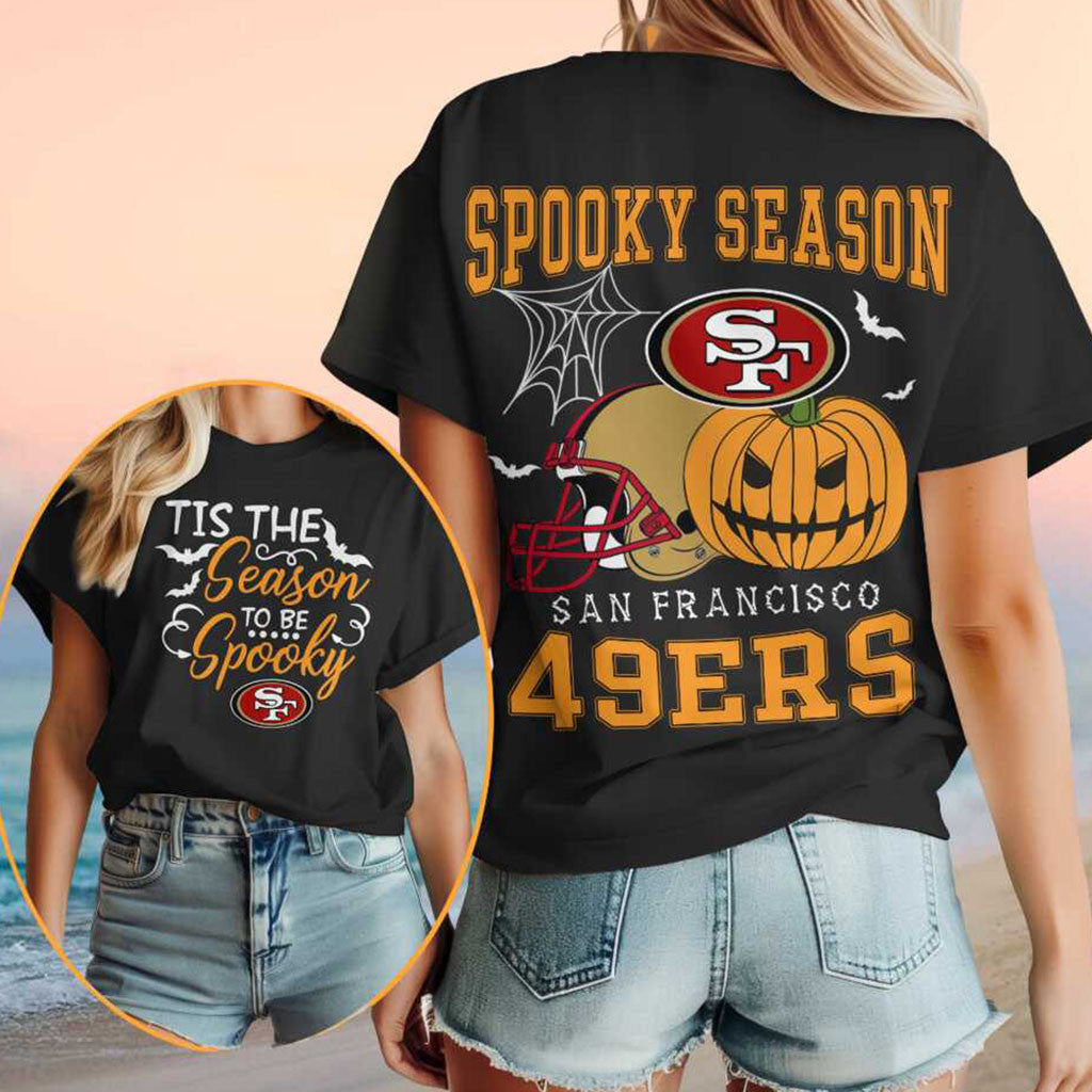 San Francisco 49ers Halloween Spooky Season Pumpkin Football Shirt 49ers Merch Gift For Besties - Merchluma