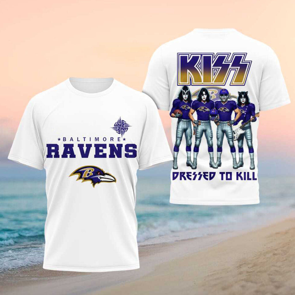 Baltimore Ravens x Kiss Band Merch Dressed To Kill Football Shirt Gifts For Football Fan - Merchluma