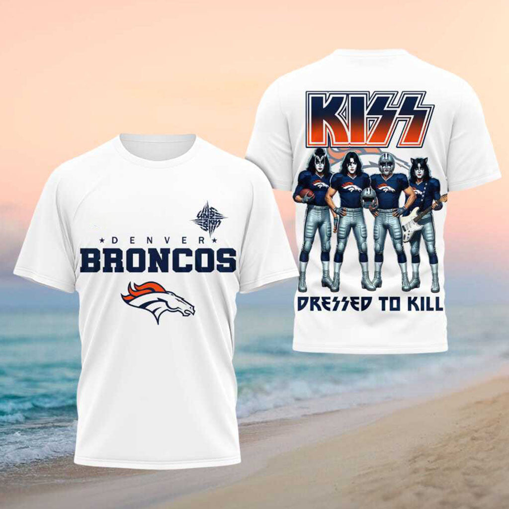 Denver Broncos x Kiss Band Merch Dressed To Kill Football Shirt Presents For Football Lovers - Merchluma