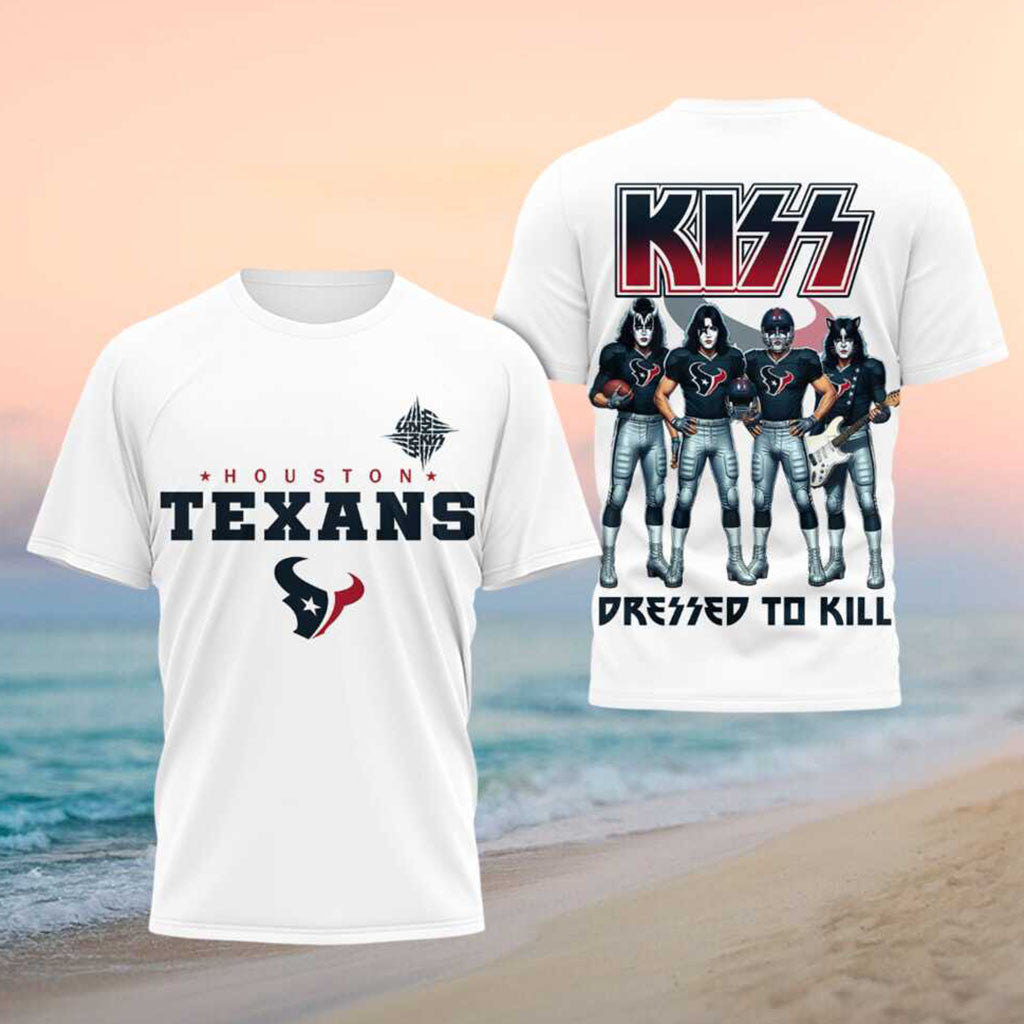 Houston Texans Kiss Band Dressed To Kill Football Shirt Texans Merch Gifts For Football Fan - Merchluma