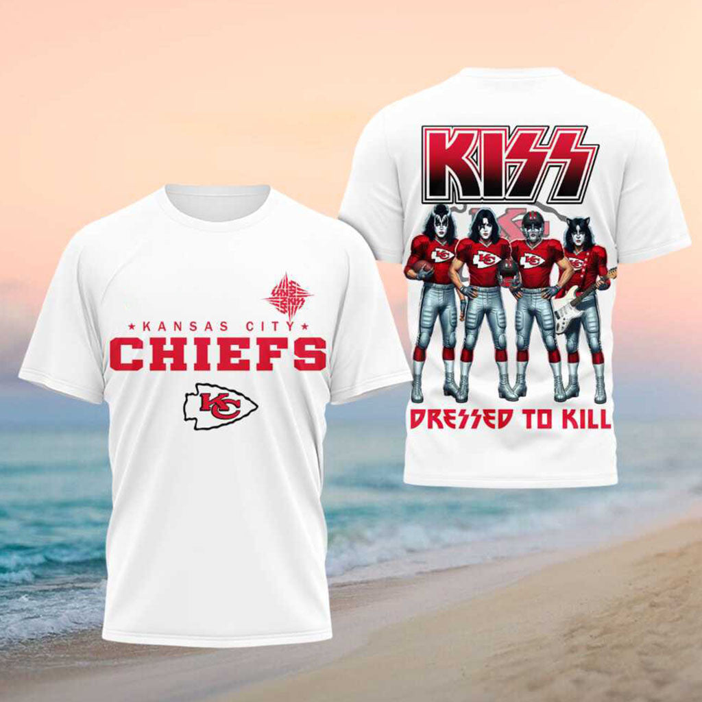 Kansas City Chiefs x Kiss Band Dressed To Kill Football Shirt Kiss Band Merch Gifts For Fans - Merchluma