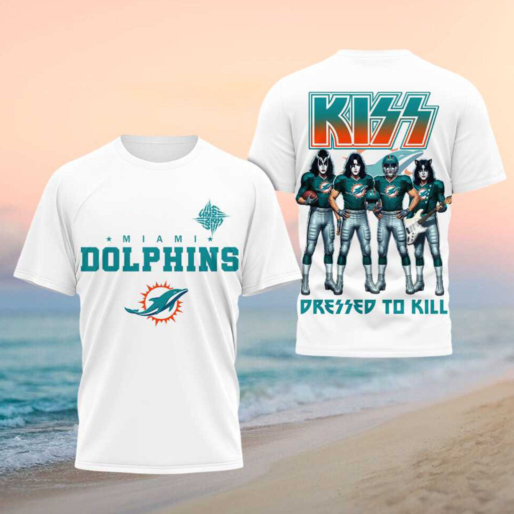 Miami Dolphins x Kiss Band Dressed To Kill Football Shirt Kiss Merch Gifts For Music Fans - Merchluma