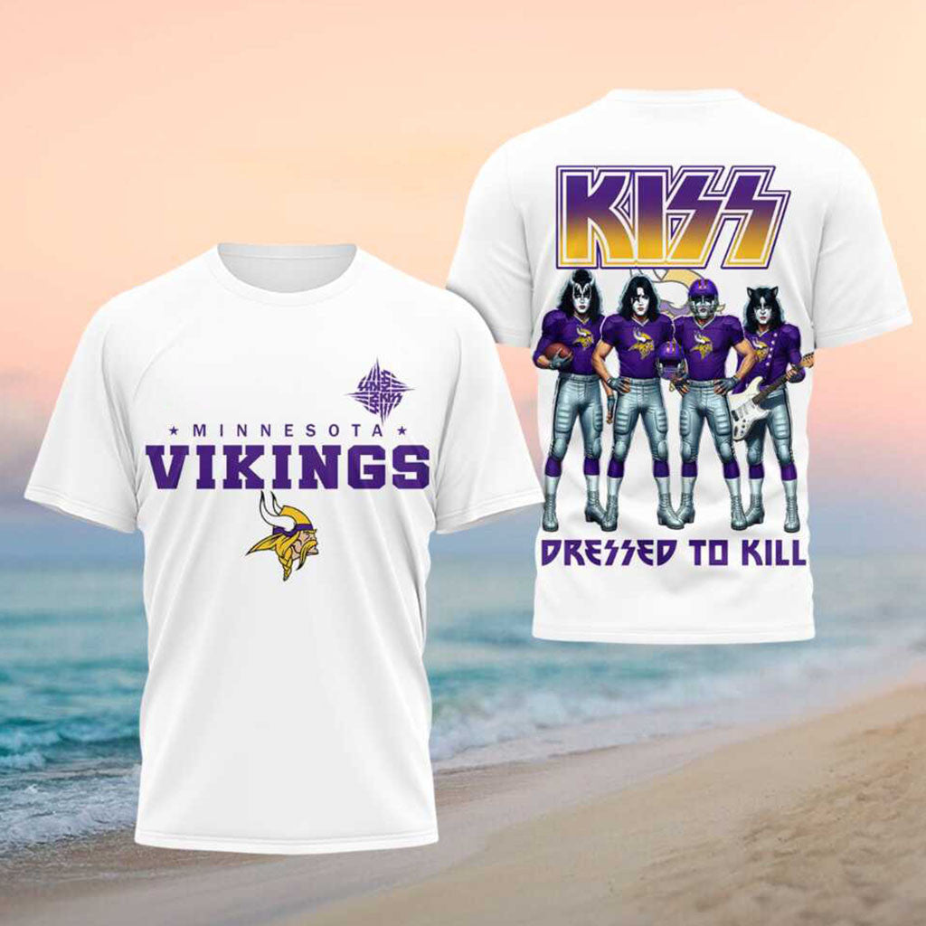 Minnesota Vikings x Kiss Band Dressed To Kill Football Shirt Vikings Merch Football Fan Gear - Merchluma