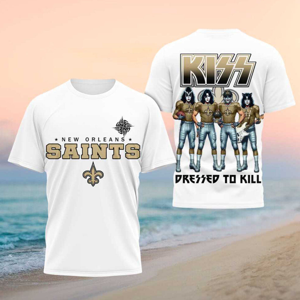 New Orleans Saints x Kiss Band Dressed To Kill Football Shirt Kiss Merch Music Fan Gear - Merchluma