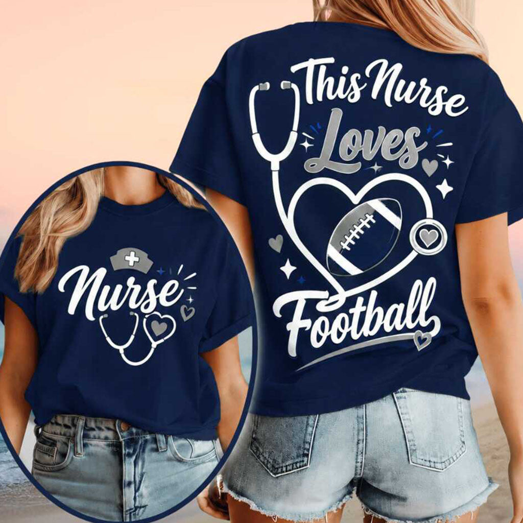 This Nurse Love Football Heart Stethoscope T-Shirt Navy Gifts For Nurses Football Lovers - Merchluma