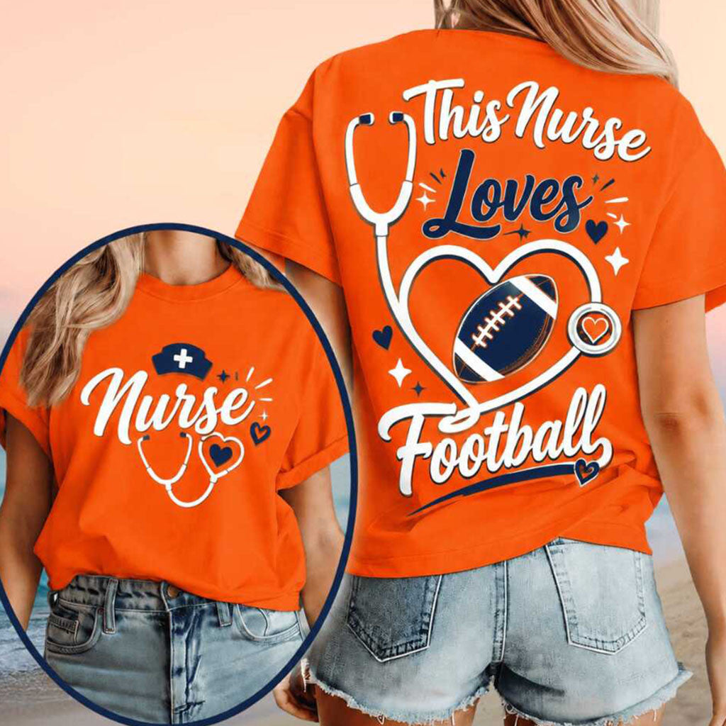 This Nurse Love Football Heart Stethoscope T-Shirt Orange Gifts For Nurses Football Gear - Merchluma