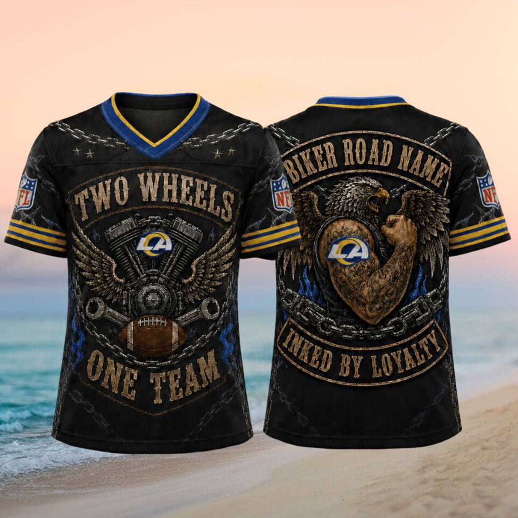 Los Angeles Rams Biker Eagle Inked By Loyalty Football V-Neck Shirt Rams Merch Bikers Gifts - Merchluma