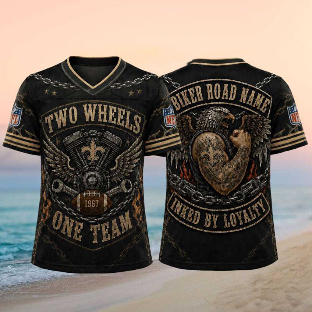 New Orleans Saints Biker Eagle Inked By Loyalty Football V-Neck Shirt Saints Merch Biker Gifts - Merchluma