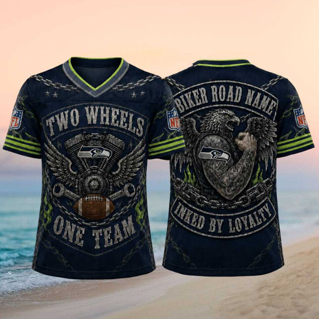 Seattle Seahawks Biker Eagle Inked By Loyalty Football V-Neck Shirt Seahawks Merch Gifts - Merchluma