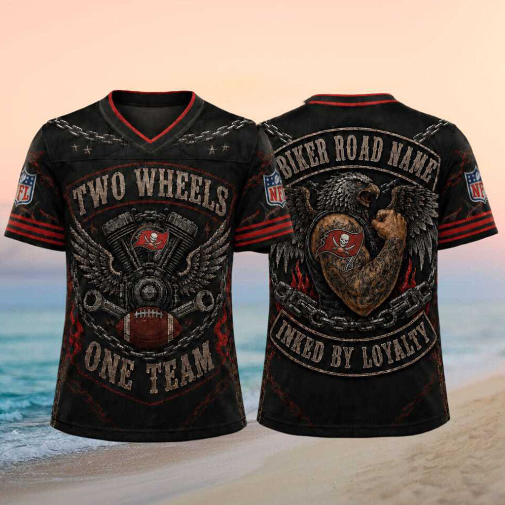 Tampa Bay Buccaneers Biker Road Name Inked By Loyalty Football V-Neck Shirt Buccaneers Merch - Merchluma