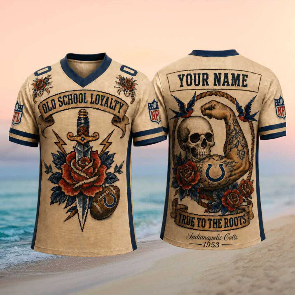 Custom Indianapolis Colts Old School Loyalty Skull Rose V-Neck Shirt Colts Merch Fan Gifts - Merchluma