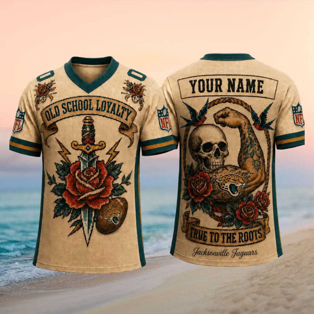 Custom Jacksonville Jaguars Old School Loyalty Skull Rose V-Neck Shirt Jaguars Merch Fan Gifts - Merchluma