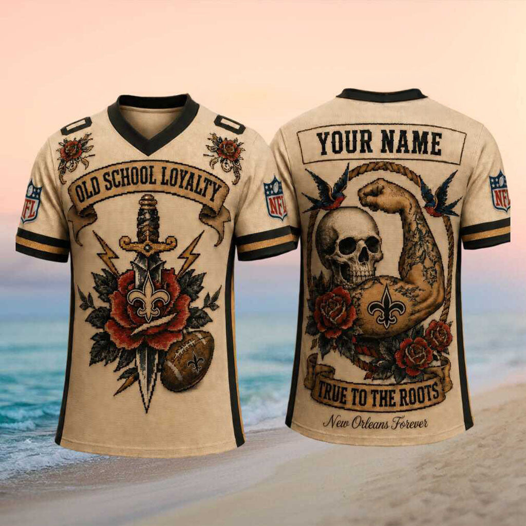 Custom New Orleans Saints Old School Loyalty Skull Rose V-Neck Shirt Saints Merch Dad Gifts - Merchluma