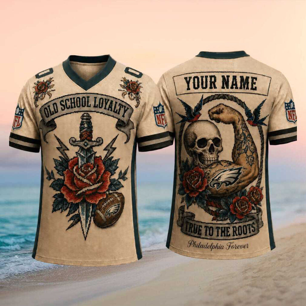 Custom Philadelphia Eagles Old School Loyalty Skull Rose V-Neck Shirt Eagles Merch Dad Gifts - Merchluma