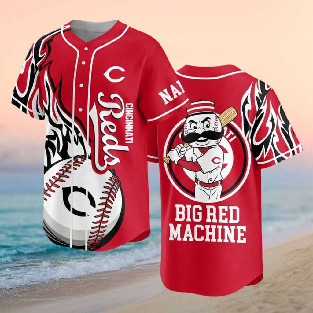 Custom Cincinnati Reds Mr Redlegs Mascot Flames Big Red Machine Baseball Jersey Reds Merch Fan Gifts - Merchluma