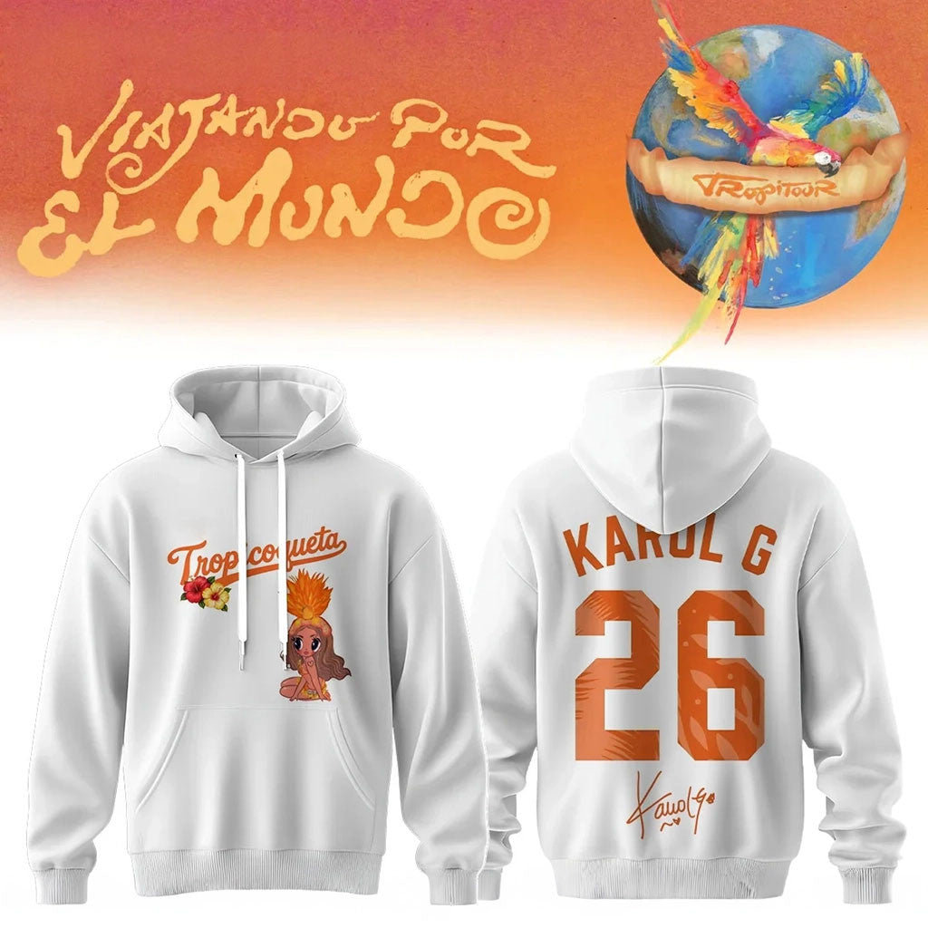 Karol G Nos Vamos De Tour Signature Hoodie White Karol G Merch Gifts For Music Fans - Merchluma