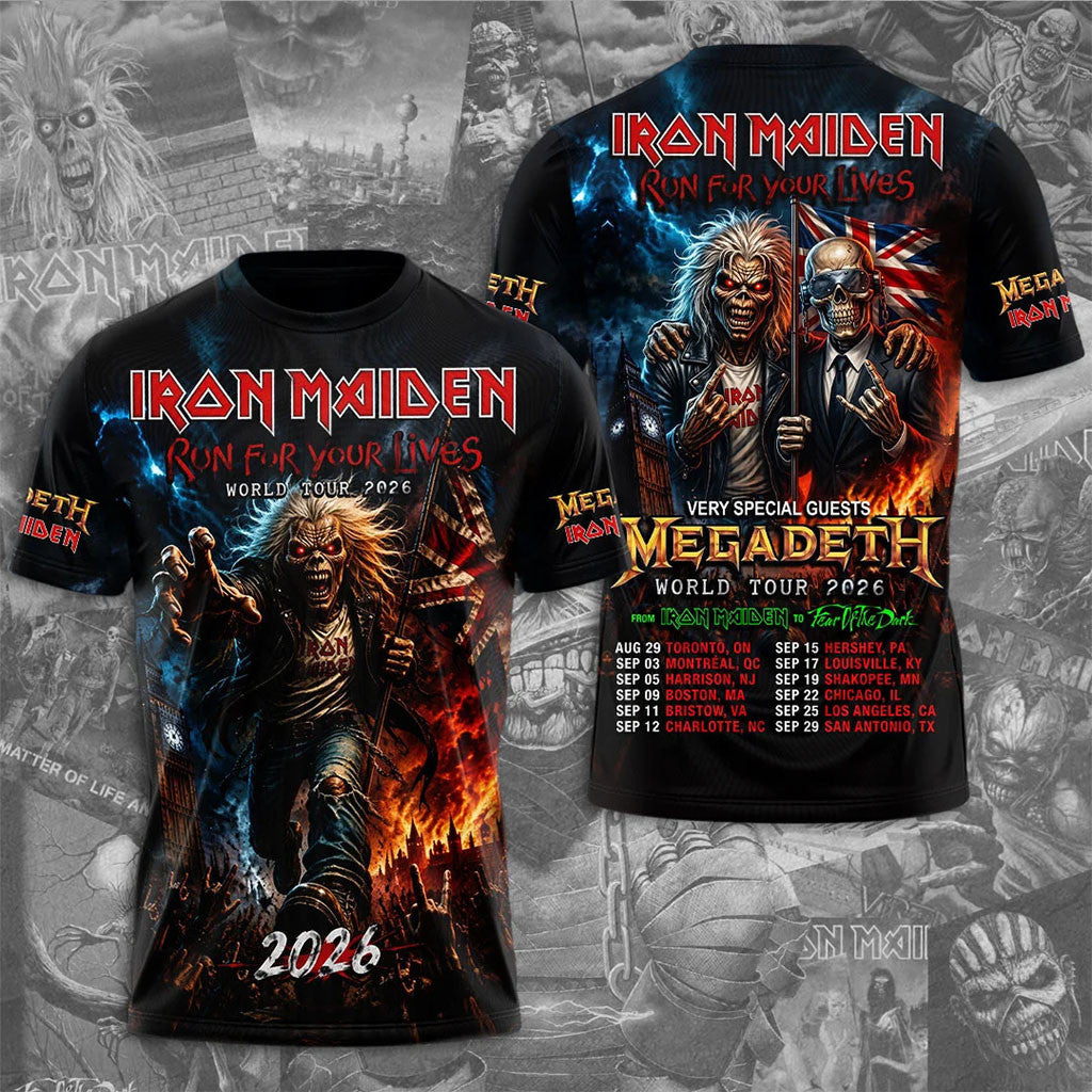 Iron Maiden X Megadeth Merch 2026 Run For Your Lives World Tour T-Shirt Music Related Gifts - Merchluma