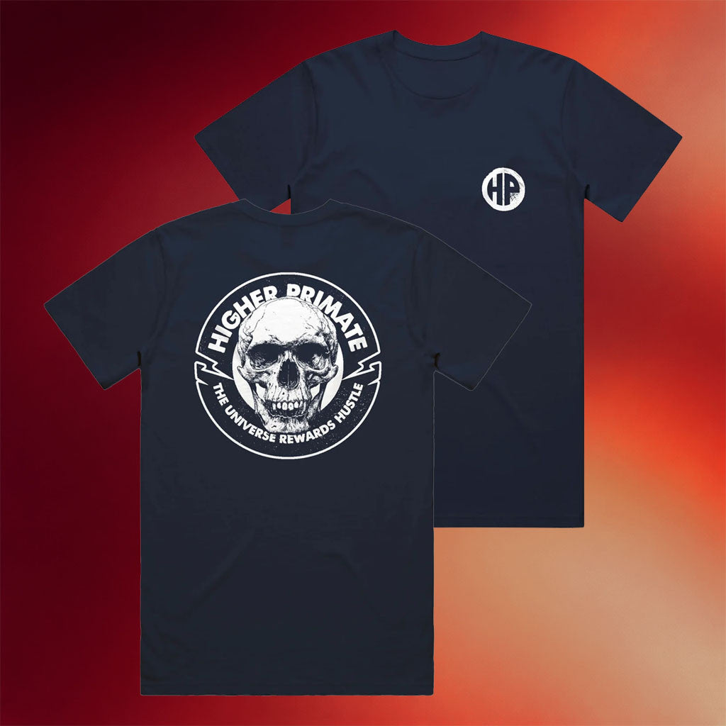 Higher Primate Merch 2026 Hustle T-Shirt Navy Joe Rogan Merch Gift Ideas For Him - Merchluma
