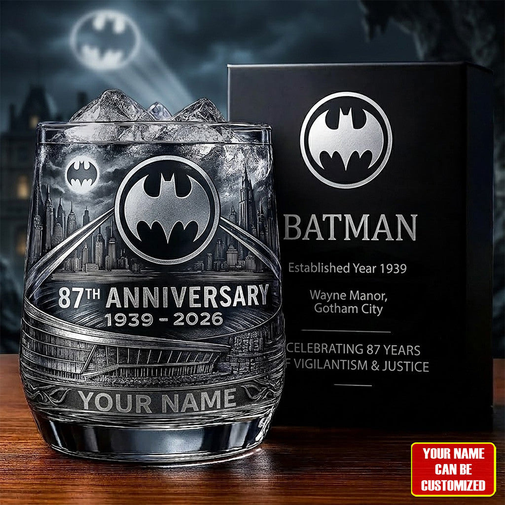 Personalized Batman 87th Anniversary Whiskey Glass Gothic Bat Glass Batman Merch Fan Gifts - Merchluma