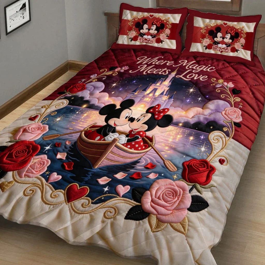 Personalized Mickey Mouse Where Magic Meets Love Quilt Bedding Set Bedroom Decor Couple Gifts - Merchluma