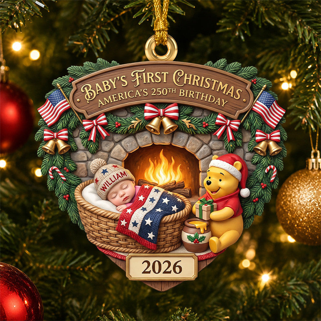 Personalized Winnie The Pooh Lovely Baby Warming By The Fire Pit Christmas Ornament Xmas Gifts - Merchluma