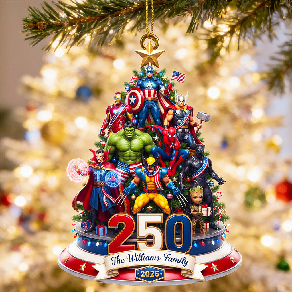 Personalized Marvel Avengers Patriotic 250th USA Anniversary Christmas Ornament Xmas Tree Decor - Merchluma