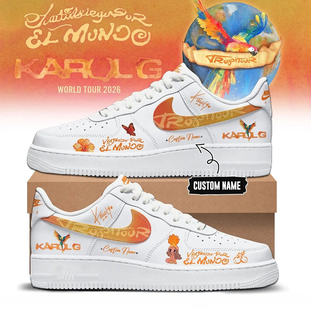 Custom Karol G Merch Viajando Por El Mundo Tropitour Sneakers Latin Music Fan Shoes BFF Gifts - Merchluma