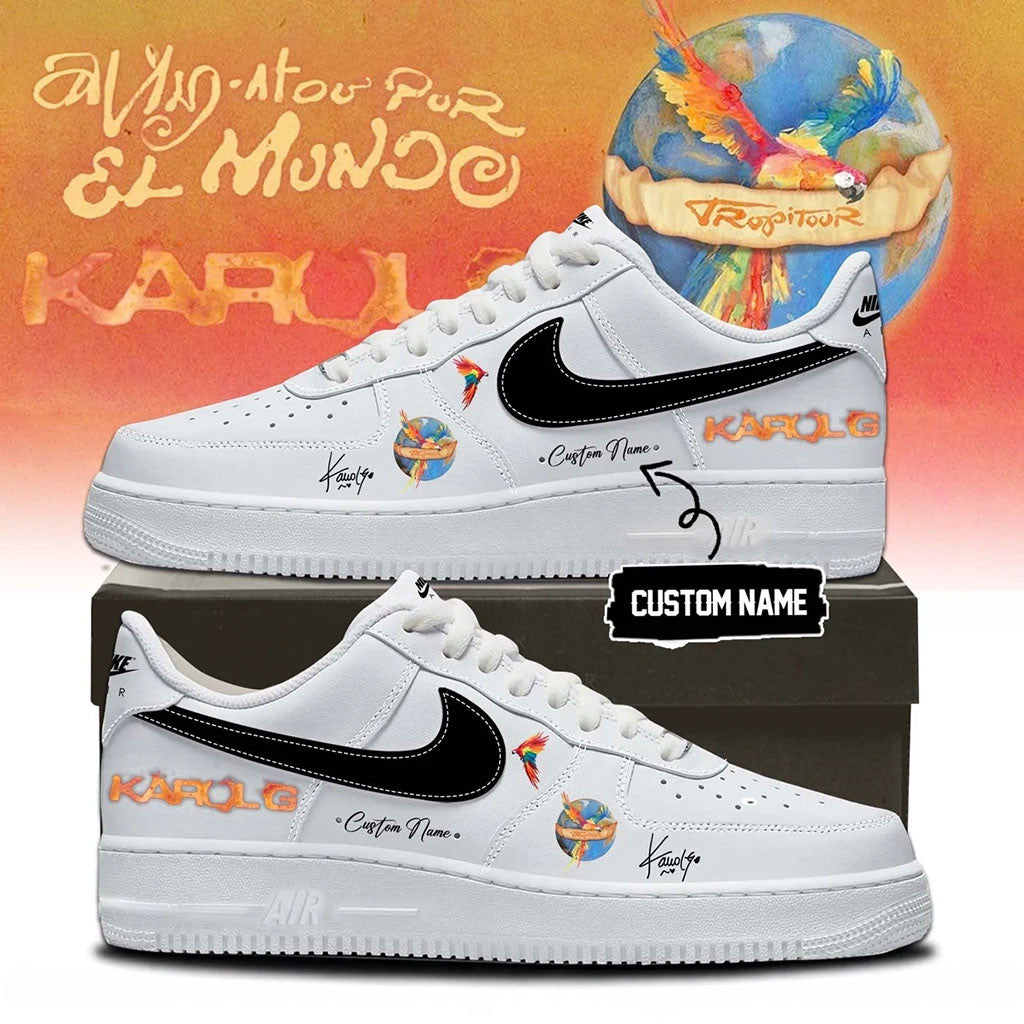 Custom Karol G Viajando Por El Mundo Tropitour Sneakers Karol G Merch Gifts For Music Fans - Merchluma