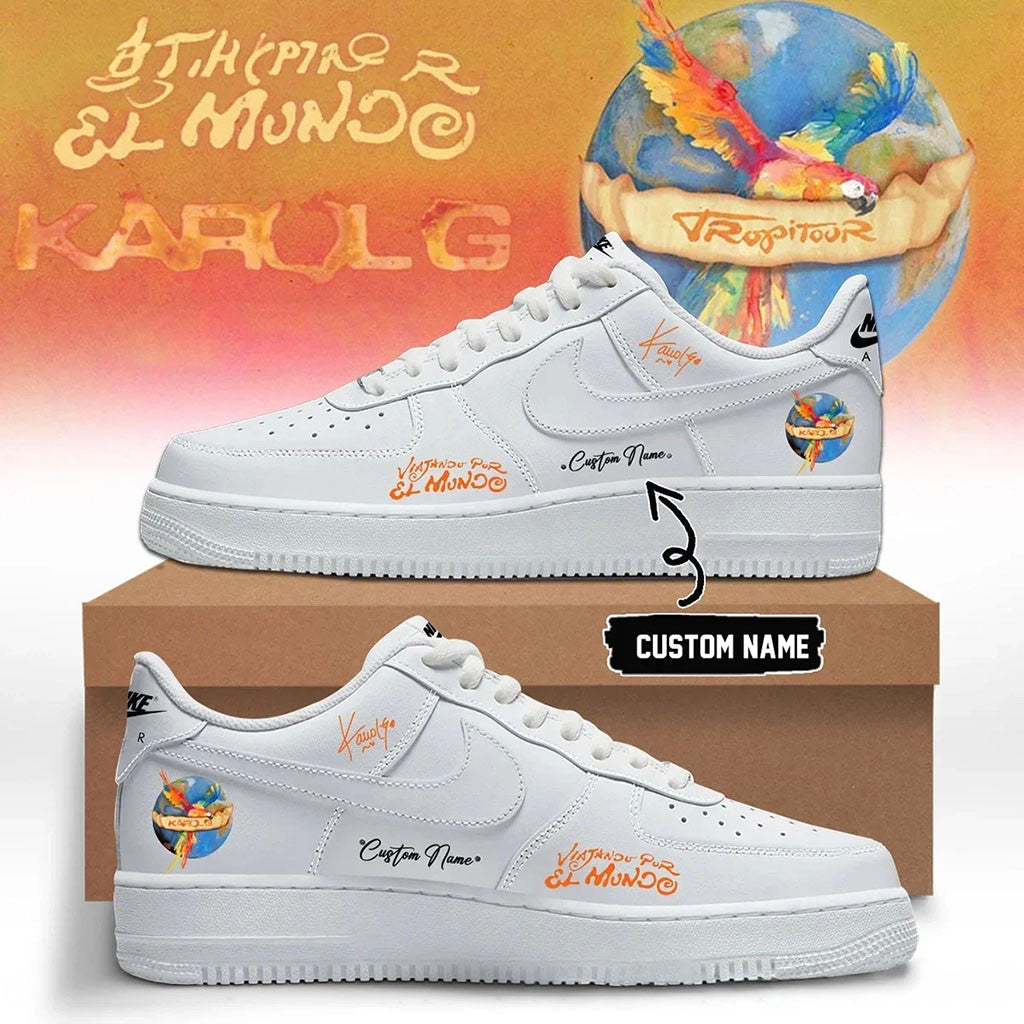Personalized Karol G Merch Viajando Por El Mundo Tropitour Sneakers Gifts For Latin Pop Music Fan - Merchluma