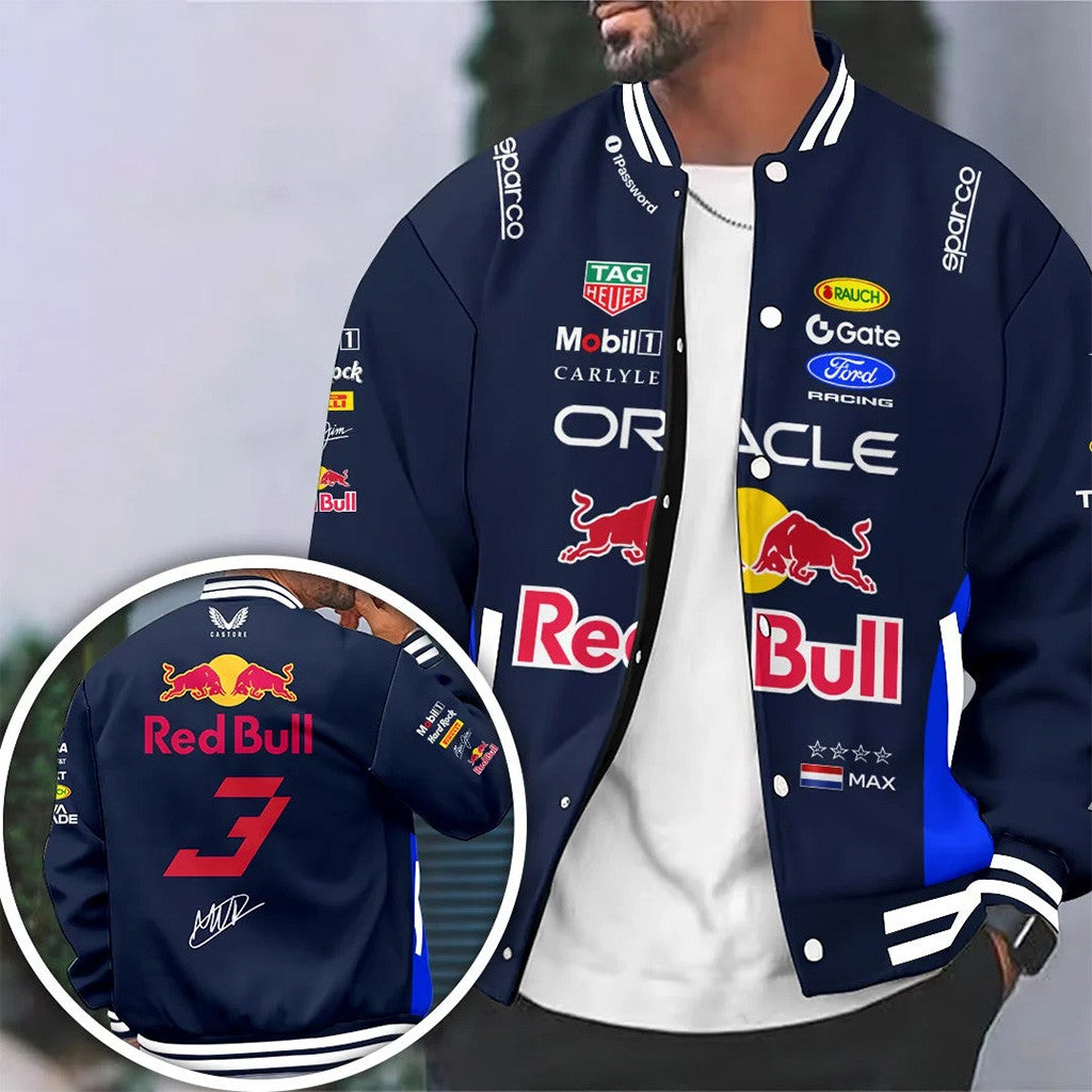 Red Bull Racing X Max Verstappen Varsity Jacket Best Gift For F1 Fans - Merchluma