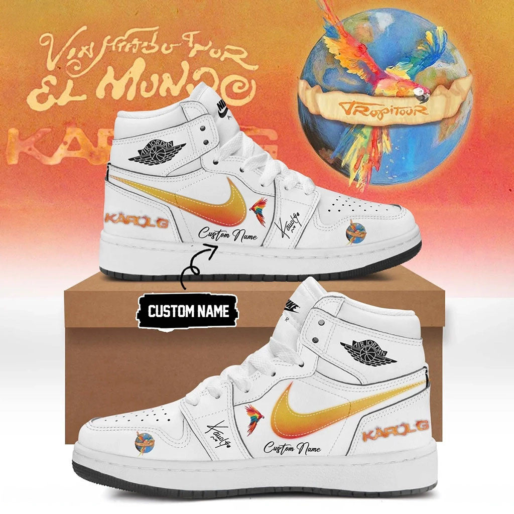 Custom Karol G Merch Viajando Por El Mundo Tropitour Sneakers Gifts For Latin Music Fan - Merchluma