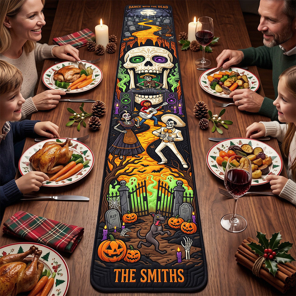 Personalized Coco Spooky Fiesta Quilted Table Runner Halloween Gifts For Family - Merchluma