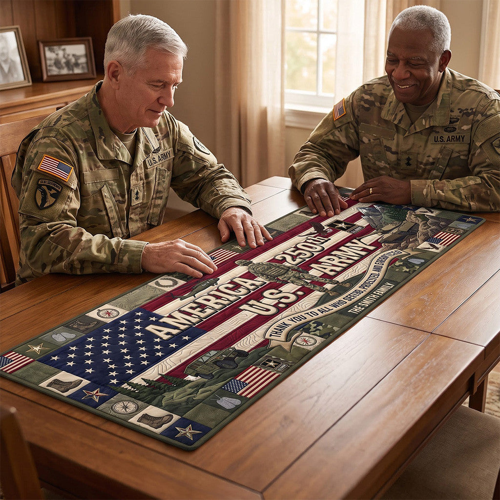 Personalized US Army America 250th Quilted Table Runner Patriotic Home Decor Gifts For Veteran - Merchluma