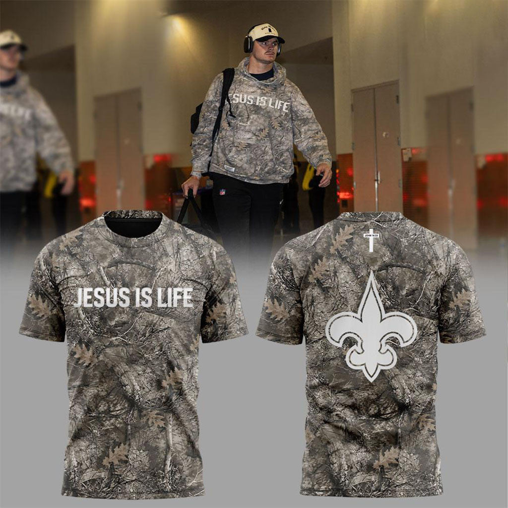 New Orleans Saints Treyton Welch Jesus Is Life Camo T-Shirt Saints Merch Gifts For Football Fan - Merchluma