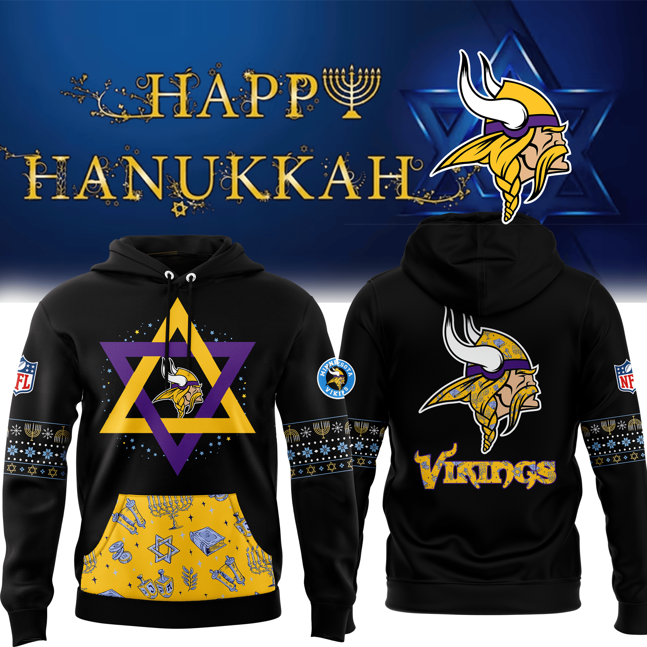 Minnesota Vikings Happy Hanukkah Holiday Hoodie MN Vikings Merch Football Based Gifts - Merchluma