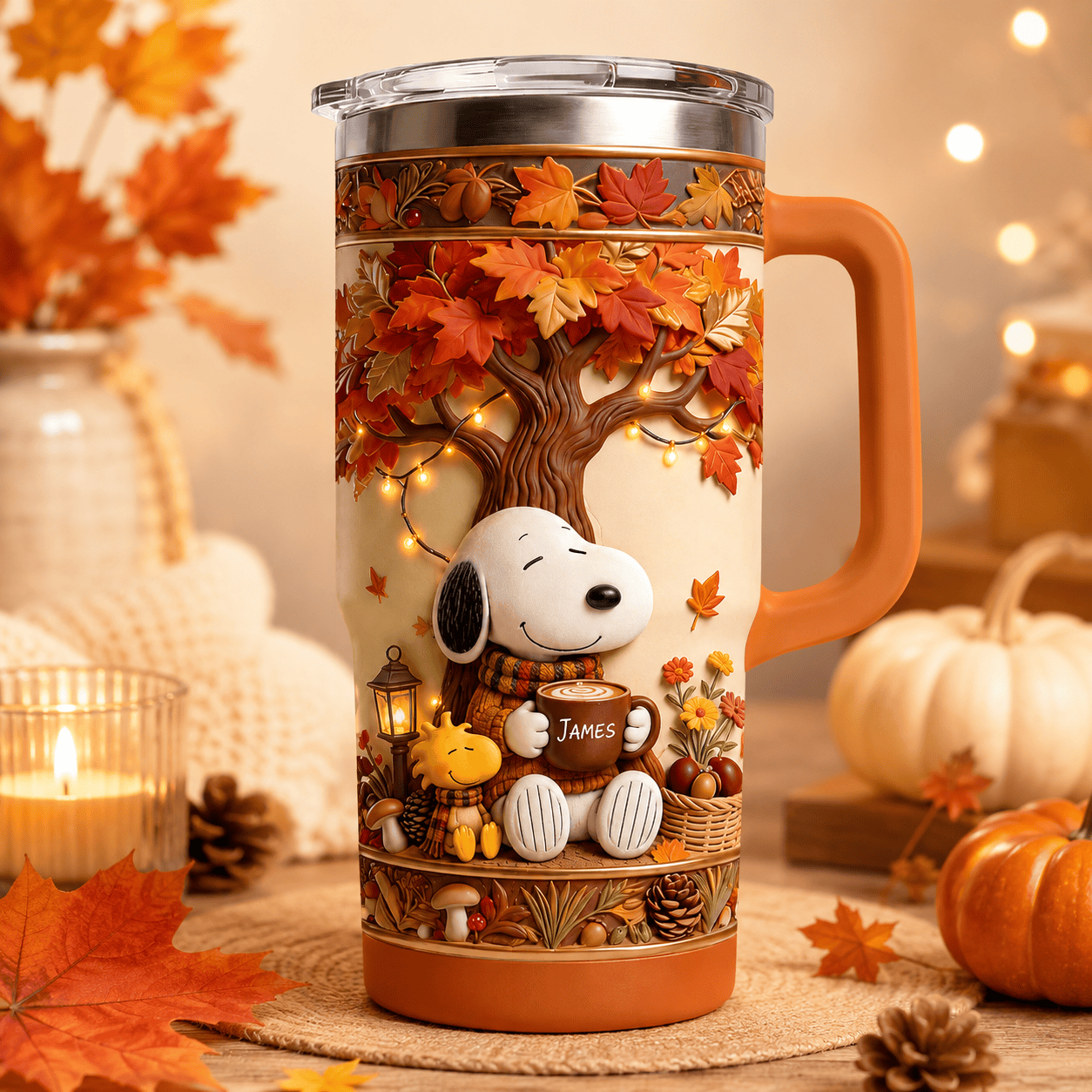 Personalized Peanuts Autumn Comic Friends Tumbler Cute Puppy Travel Cup Fall Gifts - Merchluma
