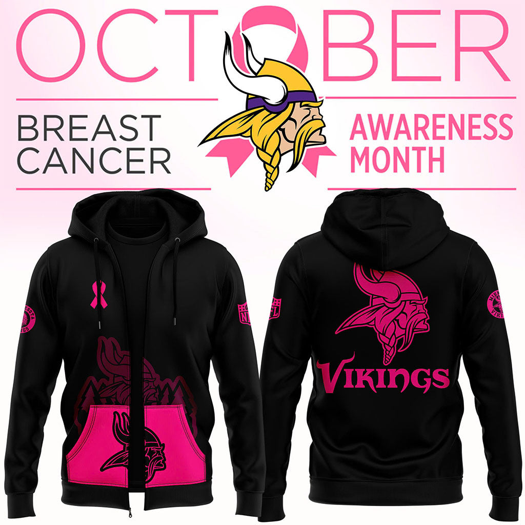 Minnesota Vikings Crucial Catch Club Zip Hoodie Breast Cancer Awareness Apparel Vikings Merch - Merchluma