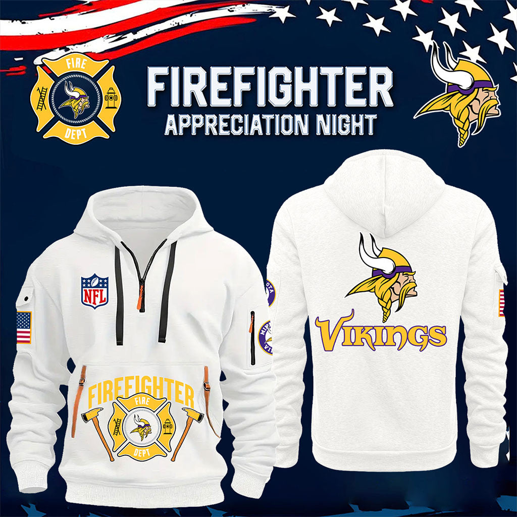 Minnesota Vikings X Firefighter Appreciation Night Quarter Zip Hoodie MN Vikings Merch Fan Gift - Merchluma