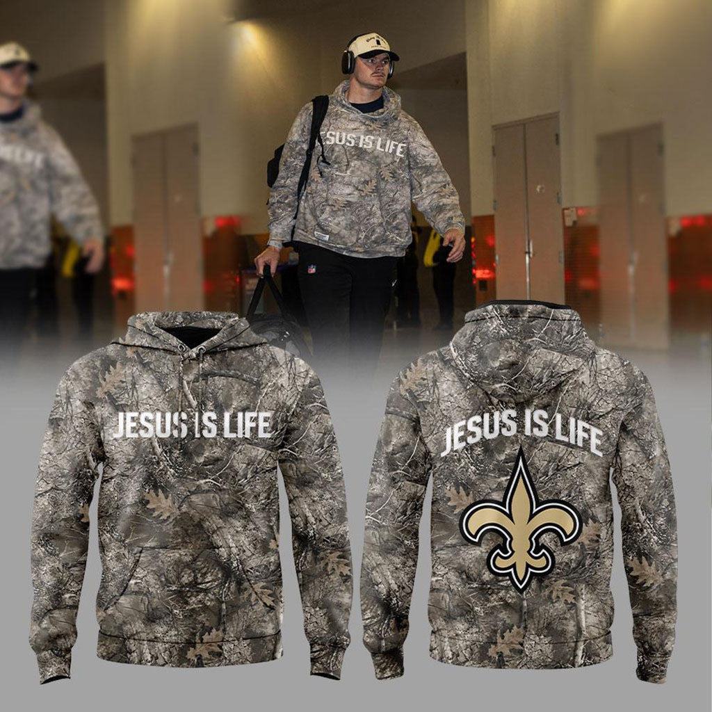 New Orleans Saints Treyton Welch Jesus Is Life Camo Hoodie New Orleans Saints Merch Fan Gear - Merchluma