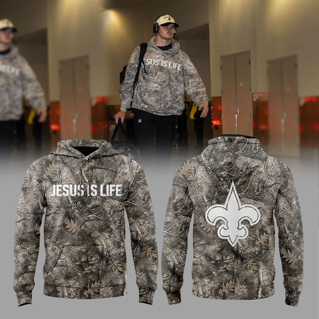 New Orleans Saints Treyton Welch Jesus Is Life Camo Hoodie NO Saints Merch Football Fan Gear - Merchluma