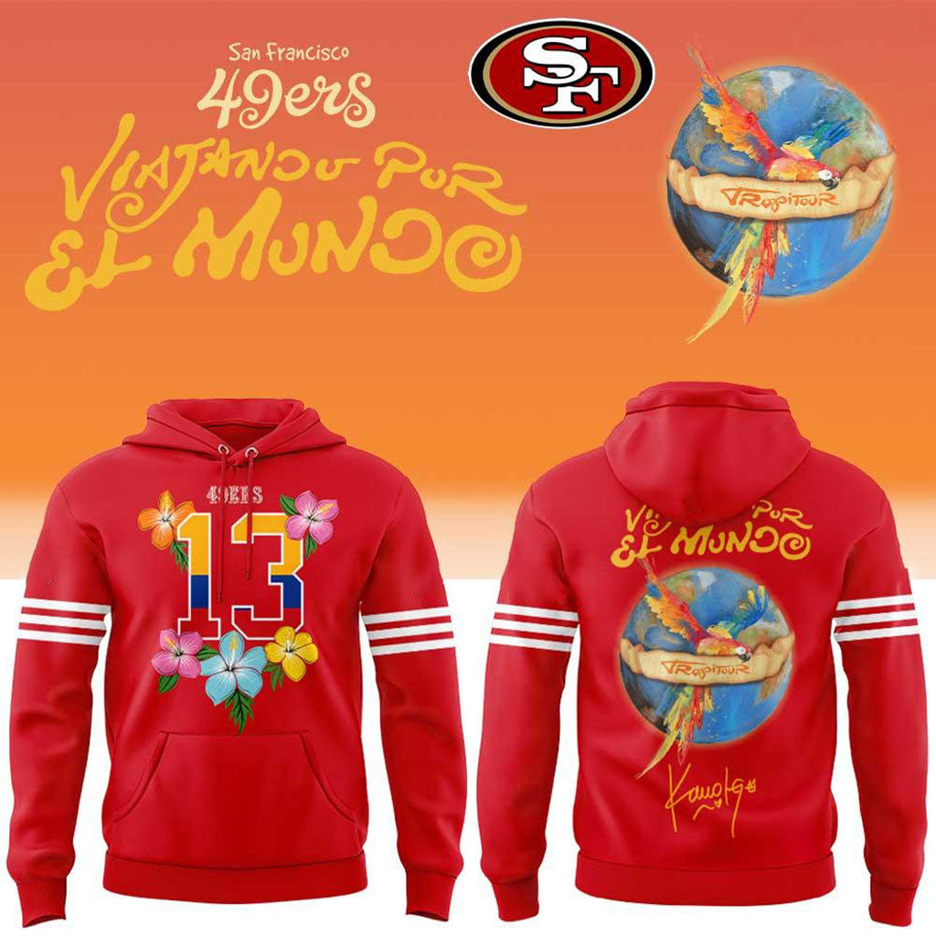 San Francisco 49ers x Karol G Merch Viajando Por El Mundo Floral Hoodie Presents For Football Fans - Merchluma