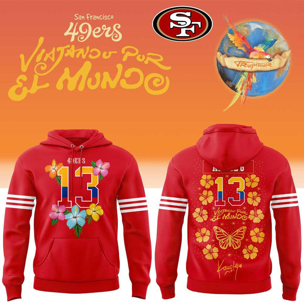 San Francisco 49ers x Karol G Viajando Por El Mundo Floral Hoodie SF 49ers Merch Fan Gift - Merchluma