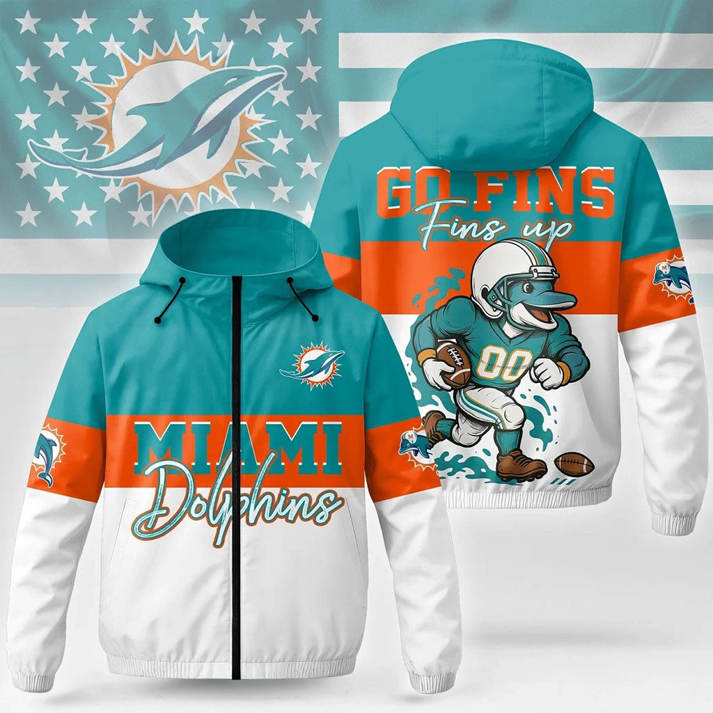 Miami Dolphins Go Fins Fins Up Windbreaker Jacket Dolphins Merch Gifts For Football Fan - Merchluma