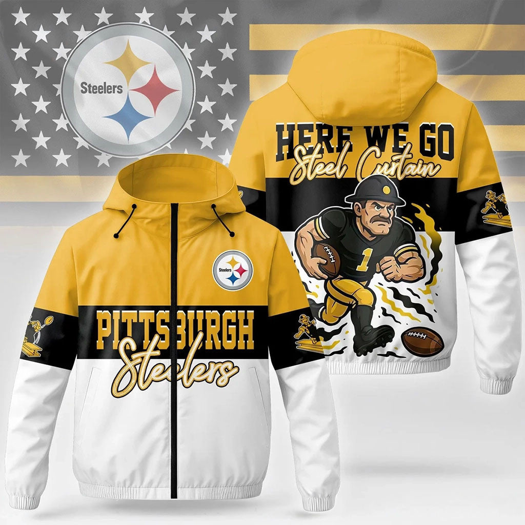 Pittsburgh Steelers Here We Go Steel Curtain Windbreaker Jacket Steelers Merch Fans Gifts - Merchluma
