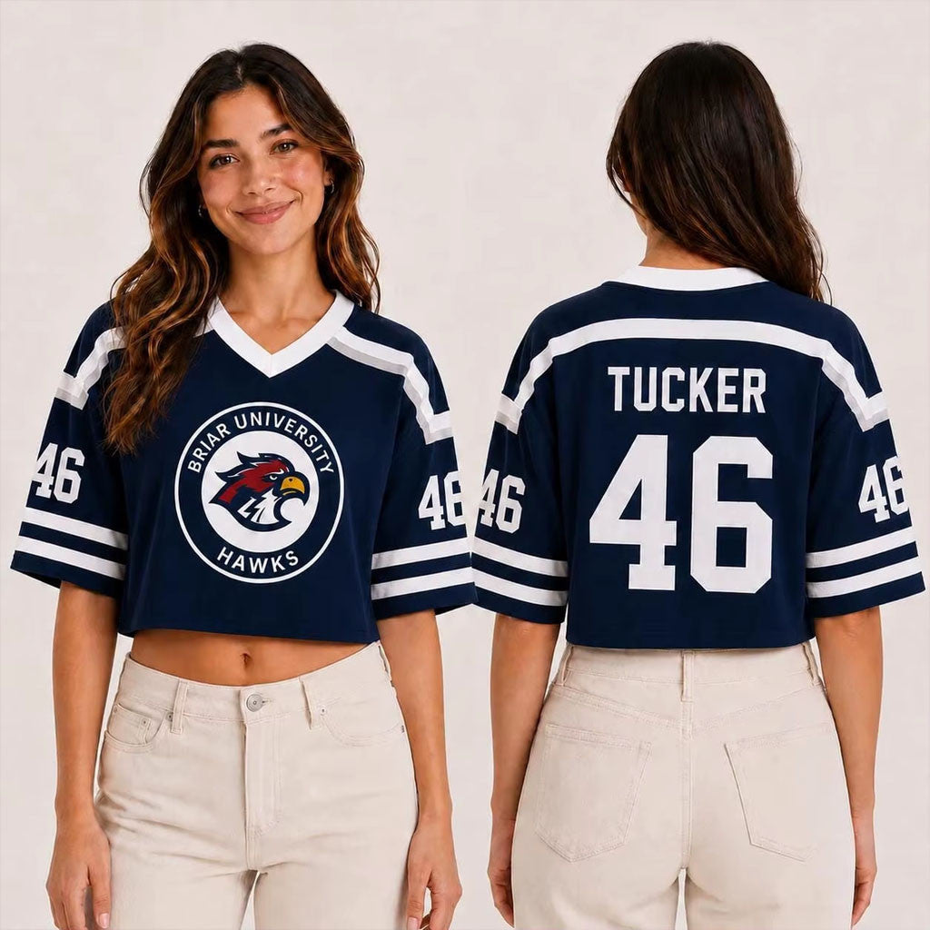 Off Campus Merch 2026 TUCKER #46 Briar University Hawks Cropped V-Neck Shirt Gifts For Her - Merchluma