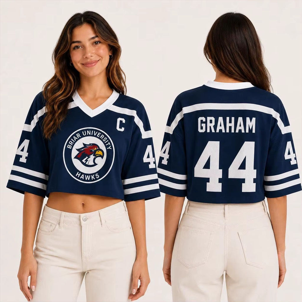 Off Campus Merch 2026 GRAHAM #44 Briar University Hawks Cropped V-Neck Shirt Fan Gifts - Merchluma